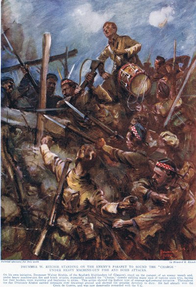 El tamborilero W. Ritchie de pie en el parapeto del enemigo para tocar la 
